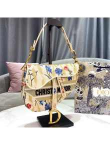 Dior Medium Saddle Bag in Beige Multicolor Dior Hibiscus Embroidery 2021