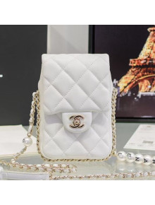 Chanel Quilted Lambskin Phone Holder with Chain and Pearl AP1624 White 2020