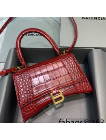 Balenciaga Hourglass Small Top Handle Bag in Shiny Crocodile Leather Burgundy 2021