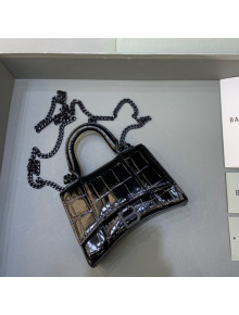 Balenciaga Hourglass Mini Nano Bag with Chain in Shiny Crocodile Calfskin All Black 2022 664676