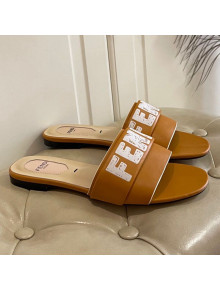 Fendi Lambskin Logo Print Flat Slide Sandals Brown 2021