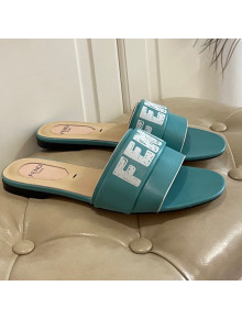 Fendi Lambskin Logo Print Flat Slide Sandals Blue 2021