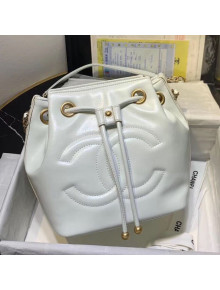Chanel Shiny Aged Calfskin Drawstring Bucket Bag AS1946 White 2020