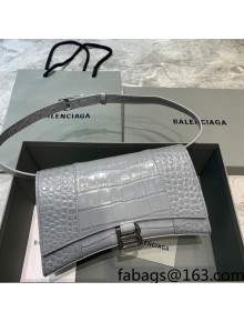 Balenciaga Hourglass Sling Shoulder Bag in Shiny Crocodile Embossed Calfskin Grey 2021