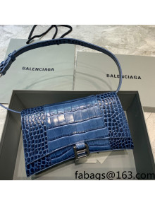 Balenciaga Hourglass Sling Shoulder Bag in Shiny Crocodile Embossed Calfskin Navy Blue 2021