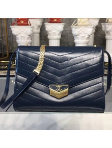 Chanel Chevron Calfskin & Gold Metal Large Flap Bag A57492 Navy Blue 2018
