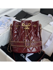 Chanel Quilted Waxed Calfskin Drawstring Bucket Bag AS2252 Burgundy 2021