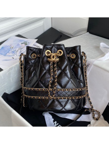 Chanel Quilted Waxed Calfskin Drawstring Bucket Bag AS2252 Black 2021