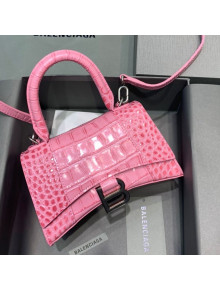Balenciaga Hourglass Mini Top Handle Bag in Shiny Crocodile Leather Light Pink 2021
