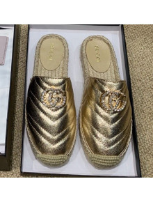 Gucci Chevron Lambskin Espadrille Slipper Mules with Double Crystal G Gold Yellow 2019