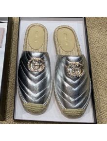 Gucci Chevron Lambskin Espadrille Slipper Mules with Double Crystal G Silver 2019