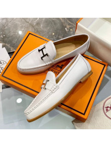 Hermes Paris Calfskin Flat loafers with H Buckle White 2020