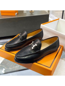 Hermes Paris Calfskin Flat loafers with H Buckle Black 2020