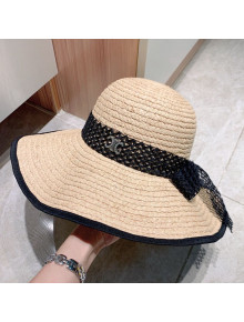 Celine Wave Raffia Straw Wide Brim Bucket Hat with Lace Band 2021