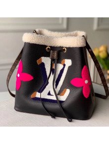 Louis Vuitton NéoNoé MM Bucket Bag in Leather and Monogram Shearling Wool M56963 Black 2020