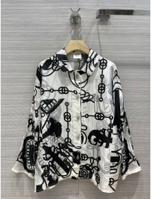 Hermes Print Silk Shirt White/Black 2022 031202