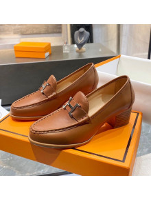 Hermes Paris Calfskin Loafers Pumps with H Buckle Brown 2020