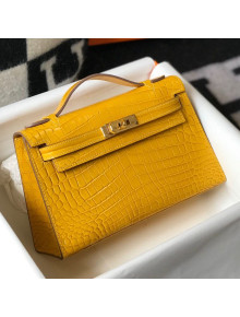 Hermes Mini Kelly Pochette 22cm in Crocodile Embossed Leather Yellow/Gold 2020