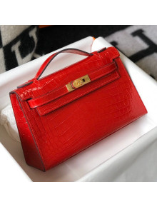 Hermes Mini Kelly Pochette 22cm in Crocodile Embossed Leather Red/Gold 2020