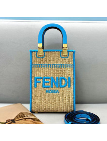 Fendi Sunshine Mini Shopper Tote Bag in Braided Straw Blue 2021 8376 