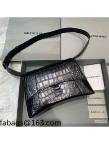 Balenciaga Hourglass Sling Back Large Bag in Shiny Crocodile Embossed Leather All Black 2021