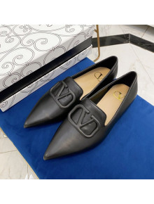 Valentino VLogo Calfskin Flat Loafers with Pointed Toe Black 2021