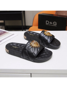 Dolce&Gabbana DG Calfskin Flat Slide Sandals with Heart Charm Black 2021 (For Women and Men)