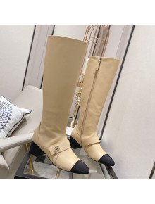 Chanel Calfskin CC Buckle High Boots 5cm Beige 2021 111160