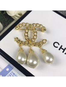 Chanel Chain CC Pearl Brooch AB5296 White/Gold 2020