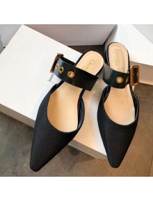Dior Flat Leather Buckle Band Mules in Black Technical Canvas 2019