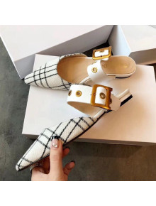 Dior Flat Leather Buckle Band Mules in Black and White Plaid 2019