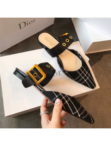 Dior Flat Leather Buckle Band Mules in Black Plaid 2019