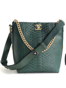 Chanel Button Up Python & Grosgrain Small Hobo Handbag A57573 Green 2018