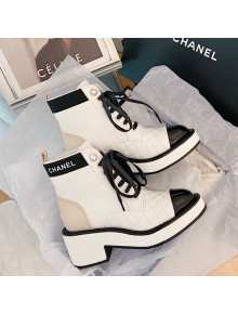 Chanel Lambskin Logo Pearl Lace-ups Ankle Boots G38514 White 2021 
