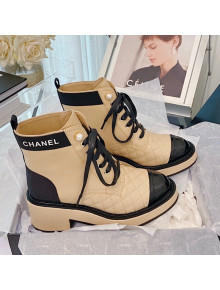 Chanel Lambskin Logo Pearl Lace-ups Ankle Boots G38514 Beige 2021 