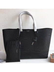 Saint Laurent Crocodile Embossed Leather Shopping Tote Bag 410667 Black 2019