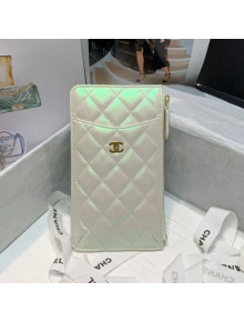 Chanel Quilted Iridescent Lambskin Phone & Card Holder Wallet White/Pink 2020