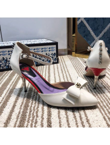 Gucci Leather Spikes Ankle Strap Heel Pumps with Bow White 2019