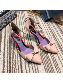 Gucci Leather Spikes Ankle Strap Heel Pumps with Bow Pink 2019
