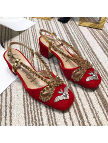 Gucci Velvet Mid-heel Pump with Bat and Crystals 548863 Red 2019
