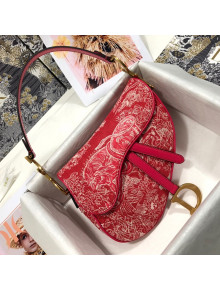 Dior Medium Saddle Bag in Raspberry Red Toile de Jouy Reverse Jacquard Embroidery M0446 