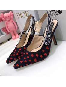 Dior J'Adior Slingback Pumps 9.5cm in Navy Blue and Red Hearts I Love Paris Embroidered Cotton 2021