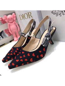 Dior J'Adior Slingback Pumps 6.5cm in Navy Blue and Red Hearts I Love Paris Embroidered Cotton 2021