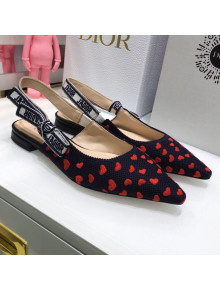 Dior J'Adior Slingback Ballerina Flat in Navy Blue and Red Hearts I Love Paris Embroidered Cotton 2021