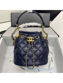 Chanel Quilted Leather Bucket Bag with Metal Button Navy Blue 2020