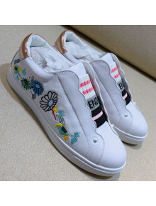 Fendi Slip-on Elastic Strap Sneakers in White Embroidered Calfskin 2019