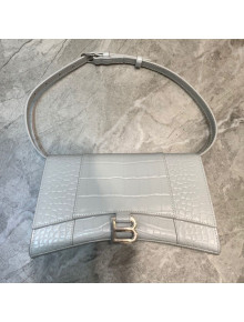 Balenciaga Hourglass Sling Shoulder Bag in White Shiny Crocodile Embossed Calfskin 2020