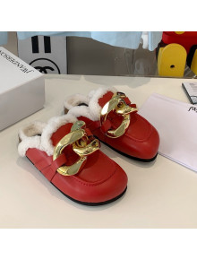 JW Anderson Calfskin Fur Chain Mules Red 2021