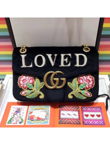 Gucci GG Marmont Embroidered Pearl "Loved" Applique Velvet Medium Bag 443496 Black 2017