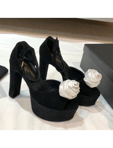 Saint Laurent Suede Platform Sandals with Bloom Charm13.5cm Black/White 2021